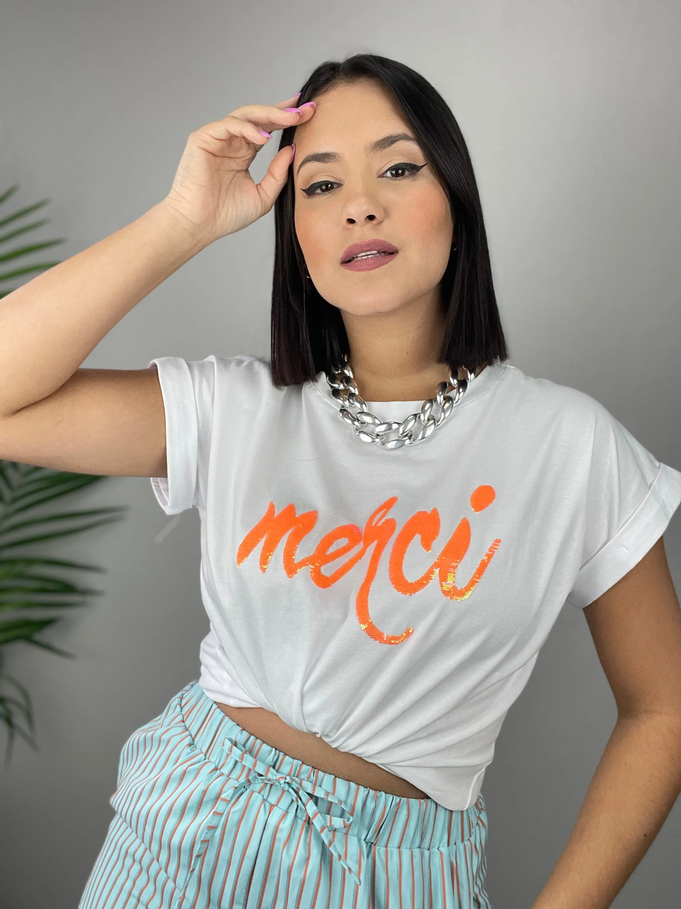 Merci Orange Sequins T-shirt