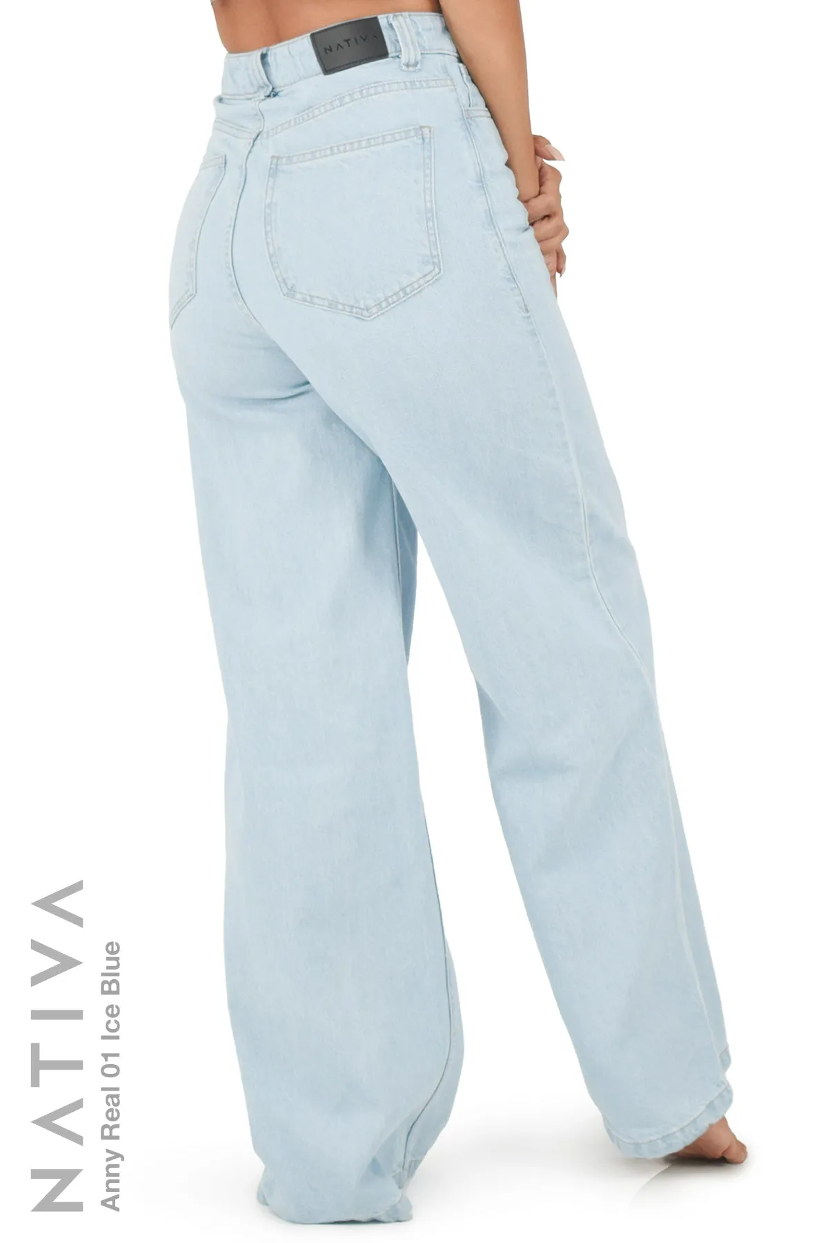 NATIVA, RIGID JEANS. ANNY REAL 01 ICE BLUE, High-Rise  Palazzo Jeans 100% True Denim  Native Virgin Cotton Ideal Comfort  Relaxed Fit