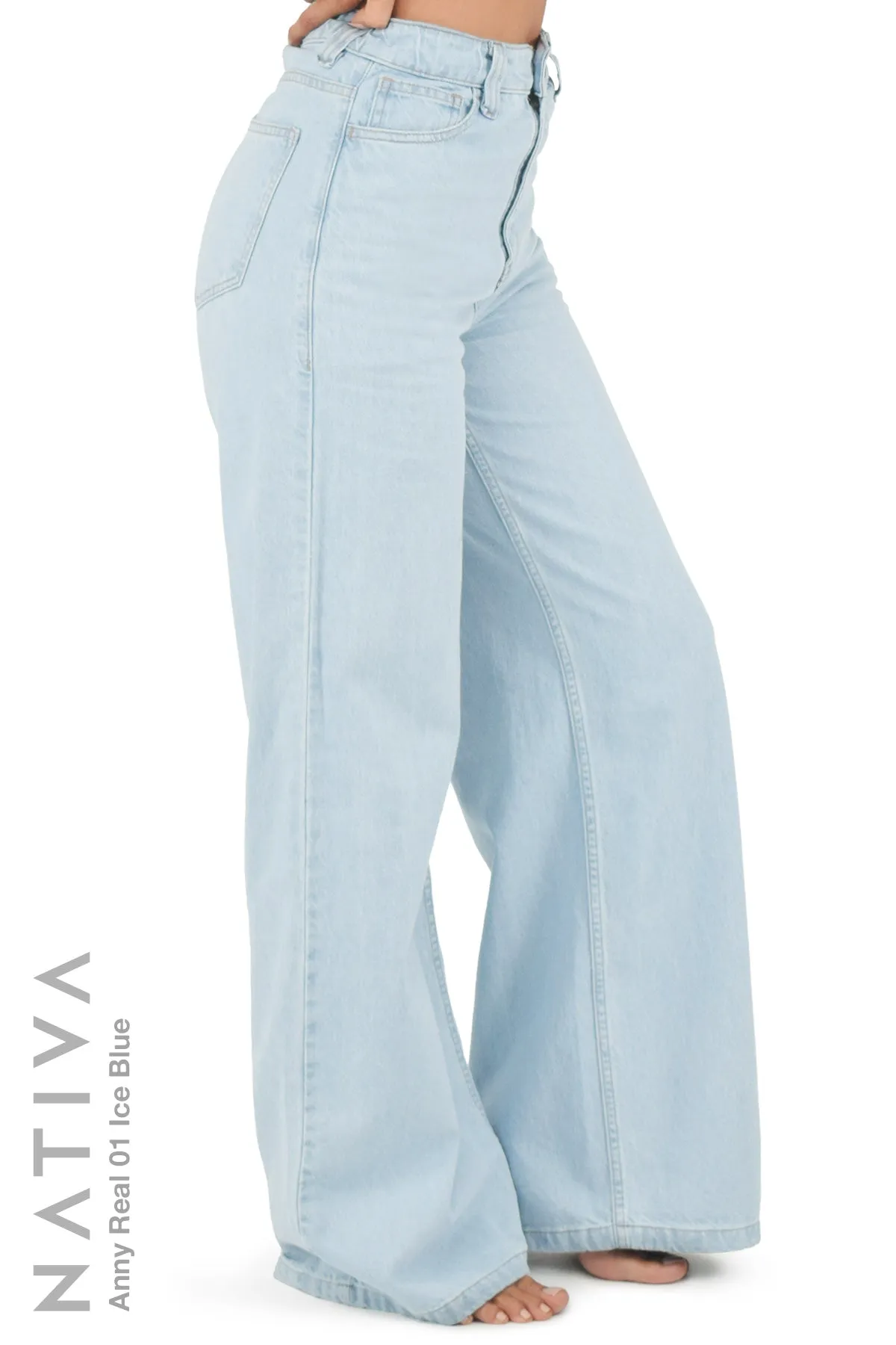 NATIVA, RIGID JEANS. ANNY REAL 01 ICE BLUE, High-Rise  Palazzo Jeans 100% True Denim  Native Virgin Cotton Ideal Comfort  Relaxed Fit