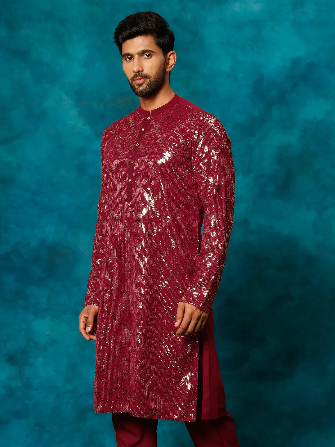 Vastramay Men's Maroon Georgette Embellished Kurta