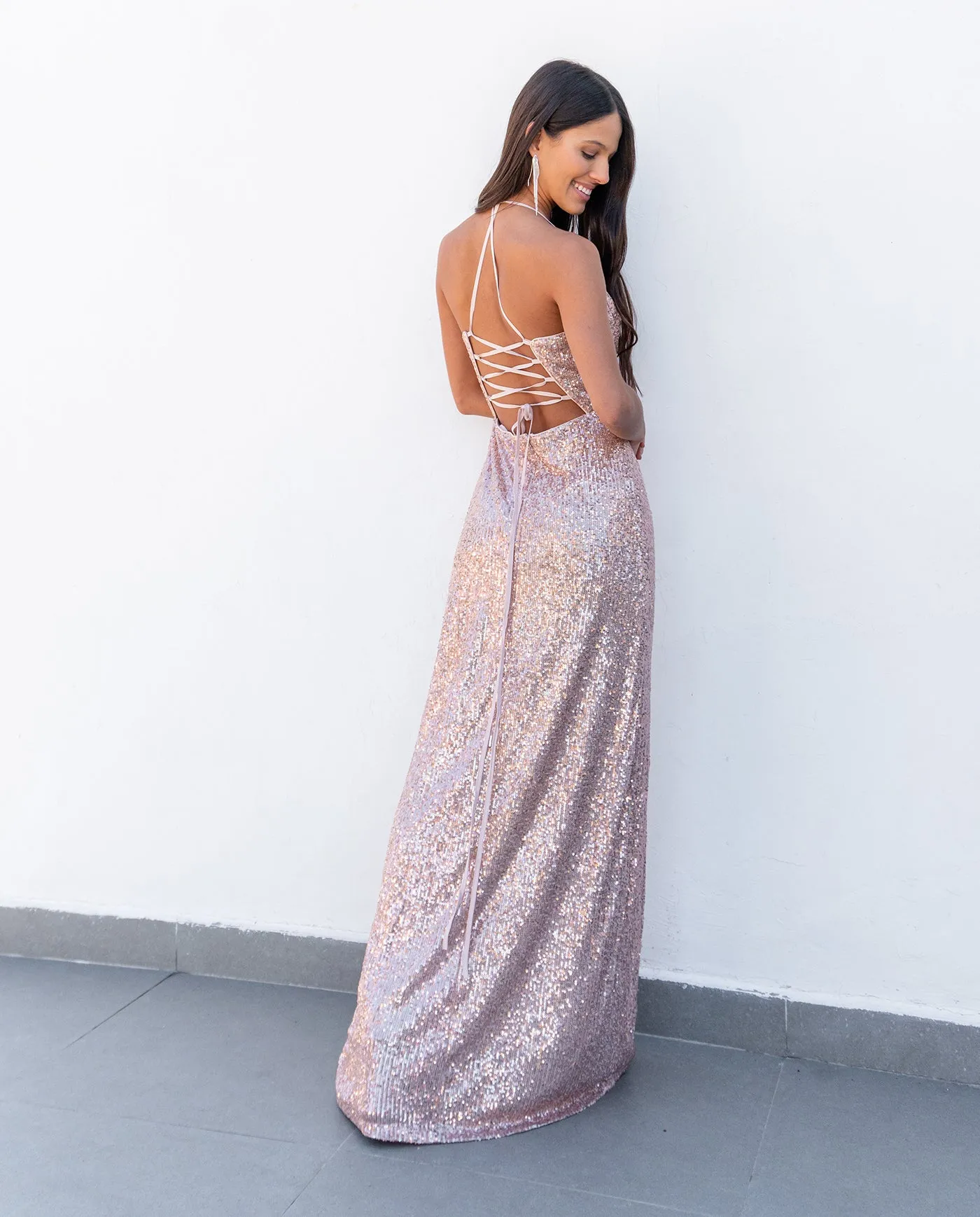 VESTIDO DE FIESTA LARGO DORIS LENTEJUELAS ROSE GOLD